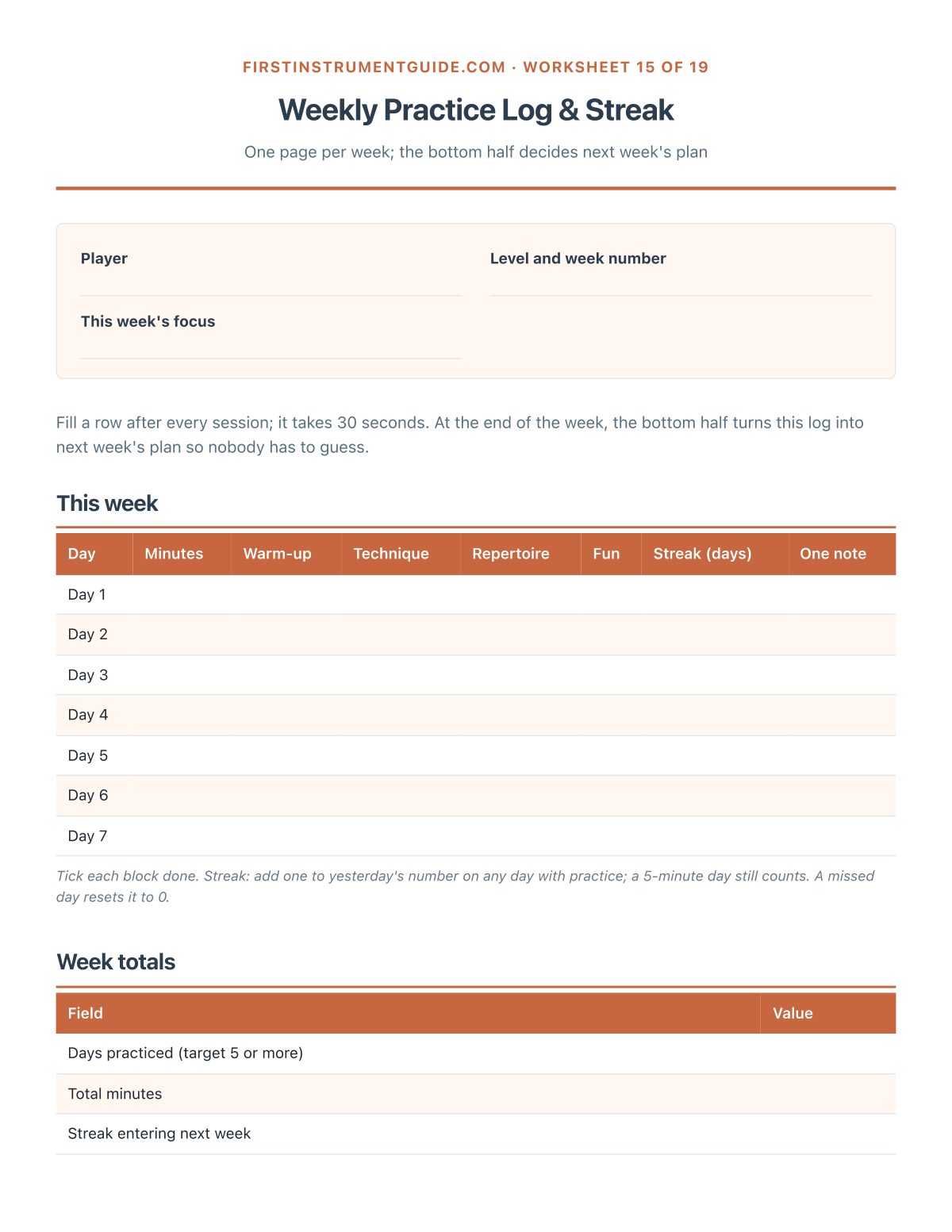 Weekly Practice Log & Streak